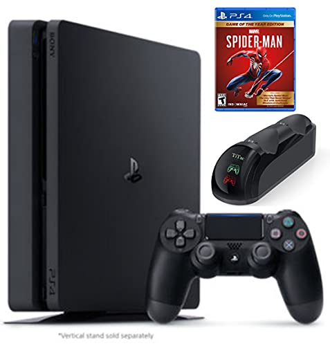 2021 Sony Playstation 4 1TB Slim Edition Console Holiday Bundle - PS4 Console + 1 DualShock Wireless Controller + Marvel's Spider-Man: Game of The Year + TiTac PS4 Controller Fast Charging Dock